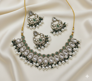 Designer Party Wear Antique Gold Zircon Ethnic Jewelry Traditional Simple <b>Choker</b> Necklace Earring Set for Women Adjustable - Product Image 6