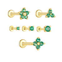 Pendientes de Piercing de Plata S925 con Calcedonia Verde de Cuatro Puntas de 2mm 3mm 4mm en Forma de Triángulo de Pétalo con Parte Trasera Plana y Baño de Oro