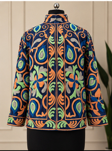 เสื้อแจ็คเก็ตคอตั้งลายดอกไม้สีน้ำเงินกรมท่าแบบยูนิเซ็กซ์  ลายสีส้มเขียว  ลำลอง น้ำหนักเบา  แบรนด์สั่งทำพิเศษ - Product Image 2