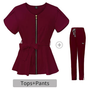 Top de enfermera de manga corta para mujer con pantalones para correr, uniformes médicos al por mayor, traje de tela de punto con cremallera para el personal del Hospital - Product Image 3