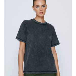 T-shirt classique en mélange de coton pour femme T-shirt à col rond en jersey lavé à l'acide avec coupe standard - Product Image 3