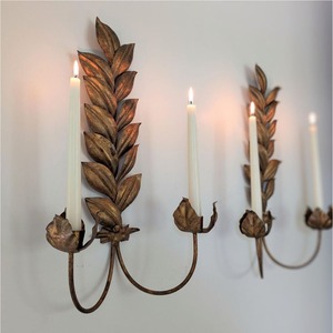 Applique murale en fer forgé de luxe, ensemble de bougeoirs, feuille d'or vieillie vintage, bougeoir conique, accent mural pour la décoration de la maison et de l'hôtel - Product Image 1