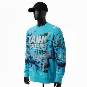Sudadera de Hombre, 300 GSM, Algodón, Azul Agua, Estampado Abstracto, con Logotipo Personalizado de Pedrería, Calidad Premium, Sudaderas Básicas - Product Image 4
