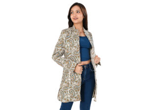 Veste matelassée en coton avec imprimé bloc à la main Veste longue pour femme Manteau décontracté Veste en coton imprimée à la main avec 2 poches avant - Product Image 2