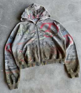 Veste zippée streetwear vintage à fleurs d'automne personnalisée, impression numérique, tissu molletonné français, délavage acide, effet usé, 100% coton - Product Image 4