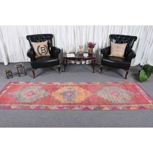 Alfombra turca Vintage de área grande de 3,1x10,1 pies, diseño de retazos rosa y gris, patrón abstracto, lana, algas marinas, látex para habitación de pasillo - Product Image 2