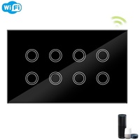 Interrupteur intelligent Wifi Smart Life à 8 nœuds avec panneau en verre CRYSTAL, 8 gang avec télécommande, interrupteur intelligent Wifi pour éclairage à huit gang