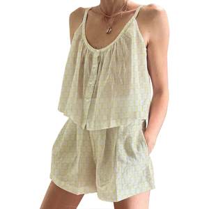 Conjunto de Pijama de Shorts Cómodos 100% Algodón, Suave, Estampado Floral Indio, Primavera/Verano, Ajustado, con Tirantes, Sin Mangas - Product Image 1