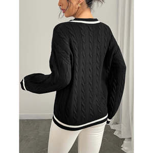 Pull en tricot torsadé à col en V noir pour femmes - Product Image 5