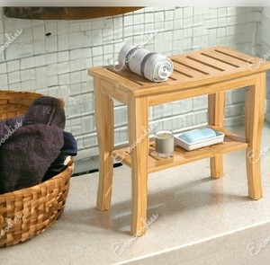 Banc de douche en bois naturel avec siège et étagère rectangulaires Tabouret de spa en bois à 2 niveaux - Product Image 2