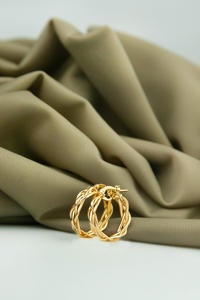 Pendientes de Aro Estilo Trenzado de Alta Calidad al por Mayor, Amarillos, Cuatro Tubos, 15mm, Chapados en Oro de 18K, Plata de Ley 925 - Product Image 3