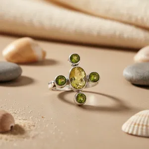 Romantic 925 Silver Women's Statement <b>Ring</b> Geometric Pattern Citrine <b>Peridot</b> Gemstones Rhodium Plated Platinum Style Daily Fine - Product Image 3