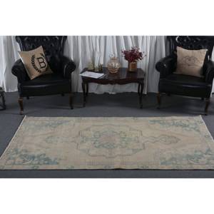 Vintage 4 X 7,8ft laine turque tapis traditionnel écologique Beige bleu Patchwork tissage plat pour décorations de salle à manger Latex - Product Image 3