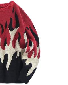 Red Black White Flame Pattern Winter Knitted Sweater Warm Soft Casual Streetwear Pullover For <b>Men</b> Women Fashion Cozy Wear - Product Image 3