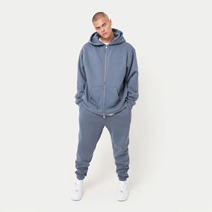 80% coton 20% polyester épaules tombantes poches kangourou de style zippées ourlet et poignets côtelés sweat à capuche surdimensionné bleu chine - Product Image 3