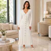 FNJIA Nouvelle Robe Élégante Blanche pour Femme, Tricotée Creuse, Col en V Ample, Manches Longues Boutonnées, Simple, Longueur Midi, Naturelle et Respirante