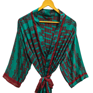 Bata de seda de verano para mujer, bata larga de noche, Kimono Sari de seda reciclado Vintage indio con estampado Floral, - Product Image 1