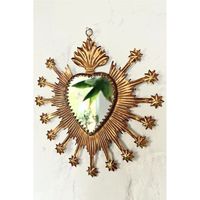 Miroir mural en forme de cœur Milagro fait à la main, art populaire mexicain, miroir en métal décoratif en forme de soleil avec des cristaux pour cadeau et boutique