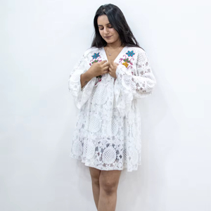 Vestido Midi con Mangas Abullonadas, Cuello en V, Encaje Blanco, Bordado Floral Boho, Cintura Natural, Ecológico, Informal, para Vacaciones al Aire Libre - Product Image 1