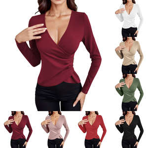 Camiseta de manga larga ajustada diaria para mujer, a la moda y sexy, cuello en V grande, Color sólido, hecha de poliéster, venta al por mayor en stock - Product Image 1