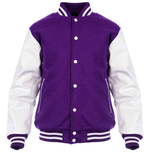 Veste Letterman Varsity personnalisée violet blanc corps en laine manches en cuir véritable style 90s CollegeBaseballjacket pour hommes - Product Image 1
