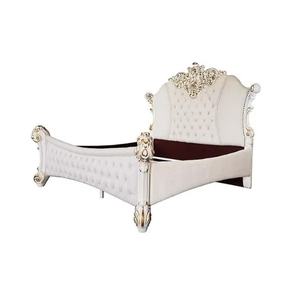 Luxus geschnitztes Bett mit voll gepolstertem weißem Stoff und weiß lackiertem massivem Mahagoniholz-antike Holz möbel