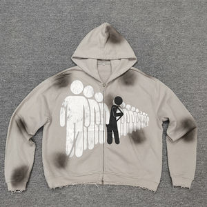 เสื้อฮู้ดดี้ทรงบ็อกซี่แบบซิปสำหรับผู้ชาย คุณภาพสูง ลวดลายพ่นสีแบบแอซิดวอช แต่งรอยขาด ปักตัวอักษร พิมพ์ลายสกรีน - Product Image 1