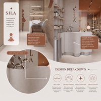 Présentation du mobilier de salon de luxe du Qatar : fauteuil de pédicure crème, bassin pour les pieds ambré, mur en pierre brute et bureau ondulé pour institut de beauté