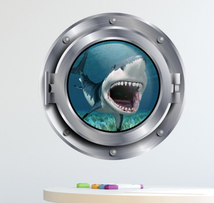 Tiburón submarino. Calcomanía de pared de ojo de buey submarino náutico decoración de pared marítima náutica-ventana - Product Image 1