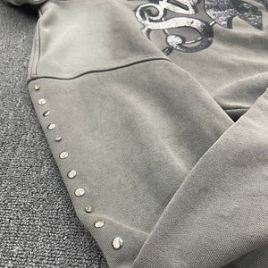 Custom Distressed Washed <b>Thick</b> Cotton Vintage Zip up Hoodies Custom Screen Printing Heavyweight Sun-faded Rhinestone <b>Men</b> <b>Hoodie</b> - Product Image 4