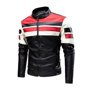 Blouson en cuir d'hiver solide pour moto décontracté pour homme, col montant, fermeture éclair sur le devant, logo, antibactérien, imperméable, coupe-vent, patchwork - Product Image 6