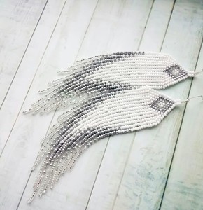 Beaded Fringe <b>Earrings</b> White <b>Silver</b> Beaded <b>Earrings</b> <b>Long</b> <b>Earrings</b> Boho <b>Earrings</b> Ombre Beaded <b>Earrings</b> Beadwork Jewelry - Product Image 1