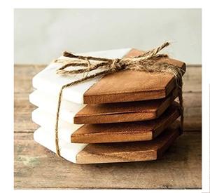 Marble Coasters Set of 6 Handcrafted Natural <b>Wood</b> And Marble Mango coaster Made In India - Product Image 3