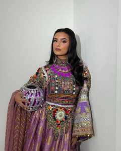 New Custom Long Sleeves Full Embroidered Long Frock Pure Silk <b>Fabric</b> Banjara Dance Afghani Dress - Product Image 5
