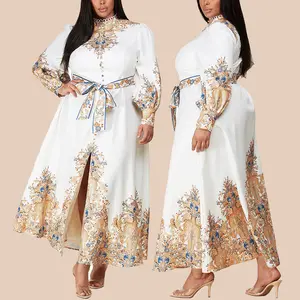 Modest High End Ladies Sundress Summer 4xl 5xl 6xl 7xl Muslim Women Elegant Paisley Plus Size Long Sleeve Maxi Dress