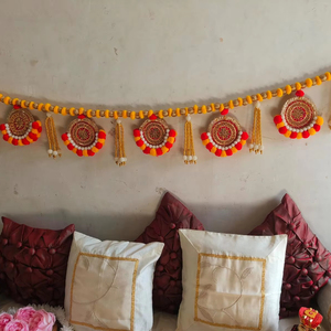 Handmade Pom Pom Beads Toran with <b>Gota</b> Buti & Tassels Festive Indian Wall Decor for Mandir Home and Diwali Entryway Decoration - Product Image 1