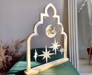 Adorno de Mesa de Madera con Forma de Mezquita en Forma de Media Luna con Diseño Islámico en Capas para Decoración Festiva de Eid Mubarak - Product Image 4