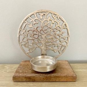 Aluminium Casting Shunny Silver Decorative Christmas Decoration Use <b>Tealight</b> Candle Holder with Wooden Base - Product Image 6