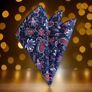 <b>White</b> and Burgundy Floral Print <b>Pocket</b> <b>Square</b> on Navy Blue - Product Image 1