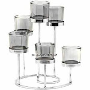 Support en métal poli argenté brillant de concepteur d'art créatif moderne pour la décoration de table de mariage de bougeoir d'ouragan en verre clair - Product Image 6