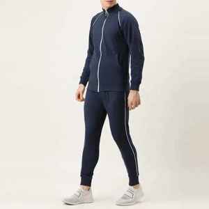<b>Men's</b> Luxury 100% Cotton Navy Blue Tracksuit <b>White</b> Piping High-Street Slim Fit Premium <b>Jogger</b> Set - Product Image 1