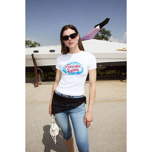 Camiseta Corta GRIMELANGE MIDNA para Mujer, Tejido Suave y Elástico, Algodón Orgánico, Estampado y Detalle de Piedras - Product Image 3