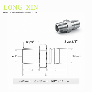Conector de rosca macho BSP R3/8 "-19 de acero inoxidable, acoplador rápido, accesorio recto, HEX19, - Product Image 4