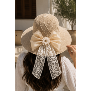 Sombrero de Paja Flexible con Lazo de Tul Floral y Estampado de Visón para Niños, Ideal para Fiestas de Verano - Material de Rafia y Seagrass - Product Image 1