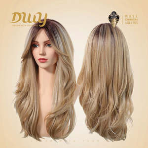 Evie-DWY 24 Inches Glueless Synthetic <b>Wig</b> for Women Mid-Length Wavy for Ombre Blonde Bangs High Quality Loose Wave Transparent - Product Image 4