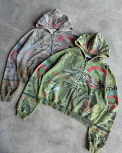 Sudadera con Capucha Personalizada de Estilo Urbano Vintage con Estampado Floral, Cierre de Cremallera, Impresión DTG, Lavado Ácido, Estilo Desgastado, Felpa Francesa - Product Image 3