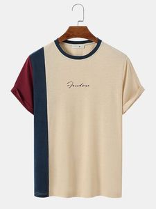 Camisetas de Cuello Redondo Casuales Transpirables y Delgadas con Bloques de Color para Hombre de Alta Calidad, Camisetas de Manga Corta con Estampado de Letras en Bloques de Color Asimétricos para Hombre - Product Image 4
