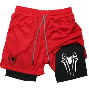 Pantalones cortos de compresión deportivos informales para gimnasio con estampado de araña para hombre, pantalones cortos deportivos 2 en 1 de malla para correr para hombre - Product Image 3