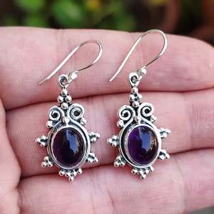 925 Sterling Silver Dangle <b>Earrings</b> Natural Amethyst Oval Gemstone Handmade <b>Cute</b> Jewelry for February Birthstone Amethyst - Product Image 1