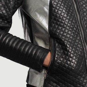 Alia Autumn Biker <b>Jacket</b> in Metallic Black Satin Quilted Sheep Skin Custom Logo Bomber/Varsity/Western Style Short Length <b>Blazer</b> - Product Image 6